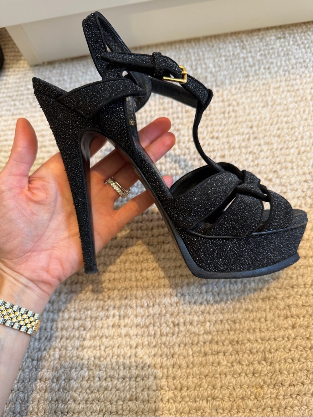 Yves Saint Laurent Black Glitter Platform T-Strap Heels - Picture 5 of 6